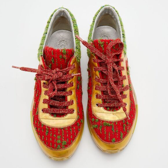 Chanel Multicolor Tweed Fabric And Leather CC Lace Up Sneakers Size 40 - Picture 3 of 4